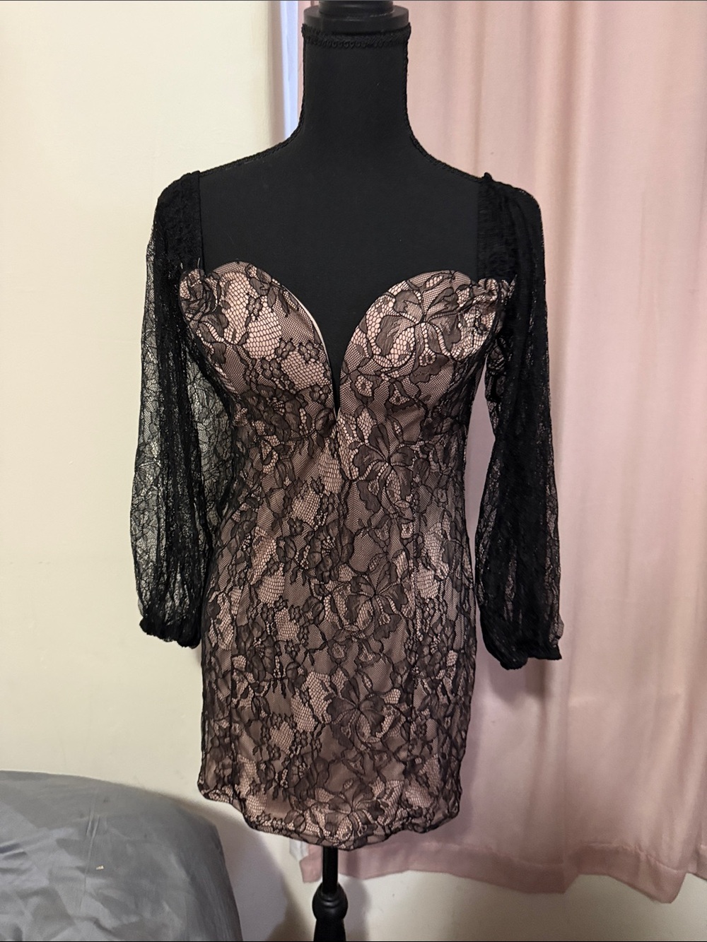 Fashion Nova Black Lacey Mini Dress with Nude Underlay